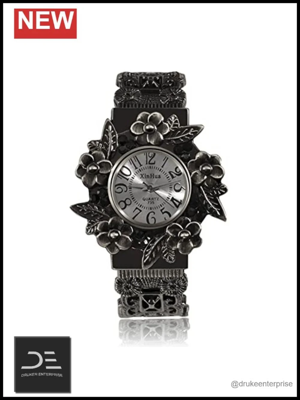 Vintage Cuff Bangle Bracelet Watch Carved Flowers Quartz Analog Wrist Watch
